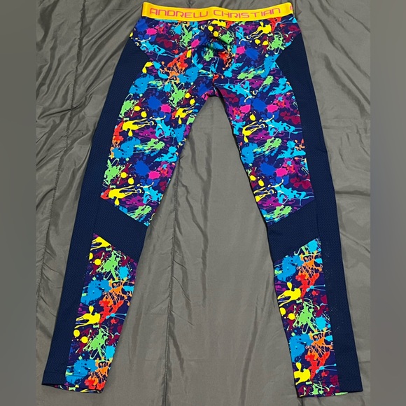 Andrew Christian Navy Blue Paint Splatter Colorful Leggings Size Medium - Picture 4 of 4
